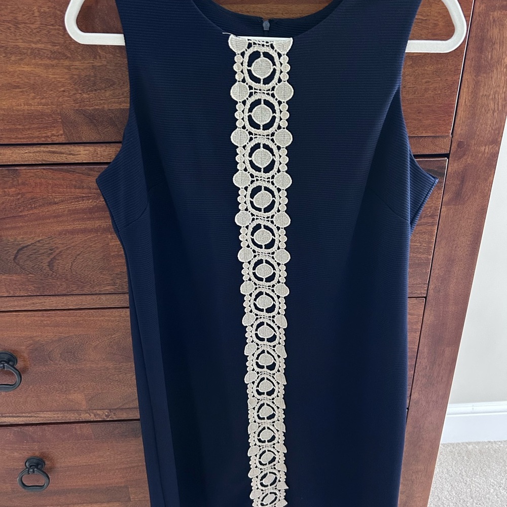 Elegant Navy Blue Dress with gold Lace Detail